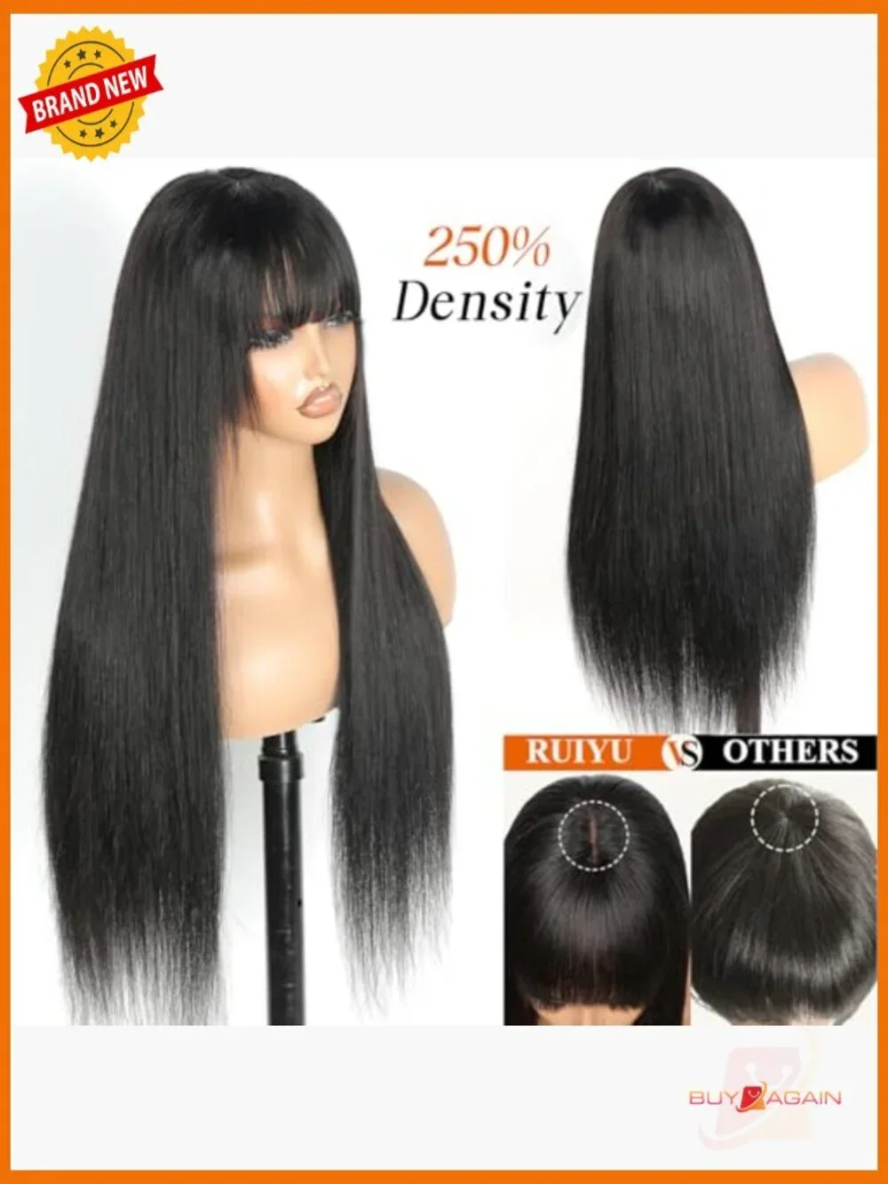 250 Density HD Lace Front Wig Human Hair Straight Wear Go Glueless Bangs
